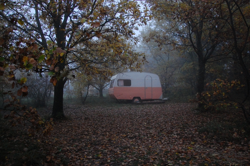 la caravane des patites caravanes de john dans la brume à la roseraie de gérenton
